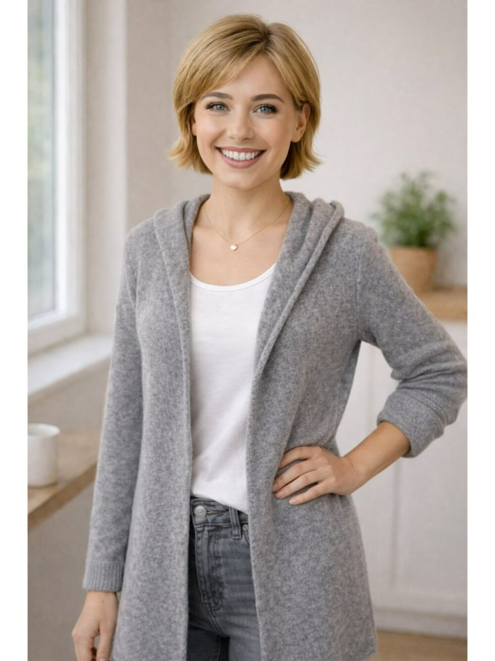 Cabi Lamb’s Wool Hooded Open Front Cardigan Womens Large Gray - Picture 7 of 11